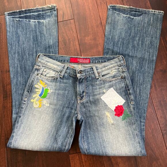 Guess Jeans Flared Bootcut Low Rise Embroidered Destroyed Flared Jeans Size 28 - Picture 9 of 10